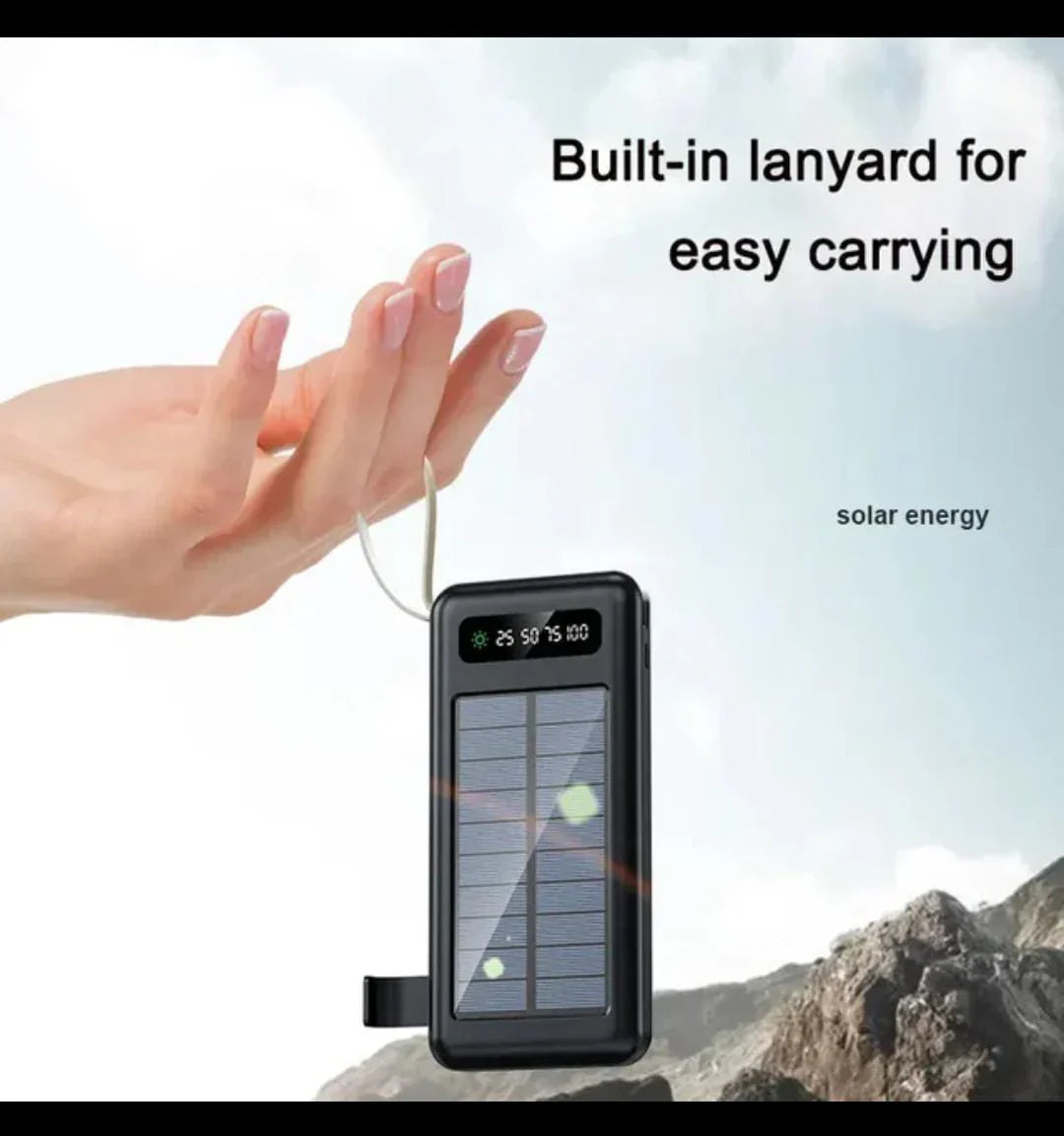 Solar Panel Power Bank, 10000 MAH 100% Transparent LED Power Bank, 2 Led Lights Fast Mobile Charging